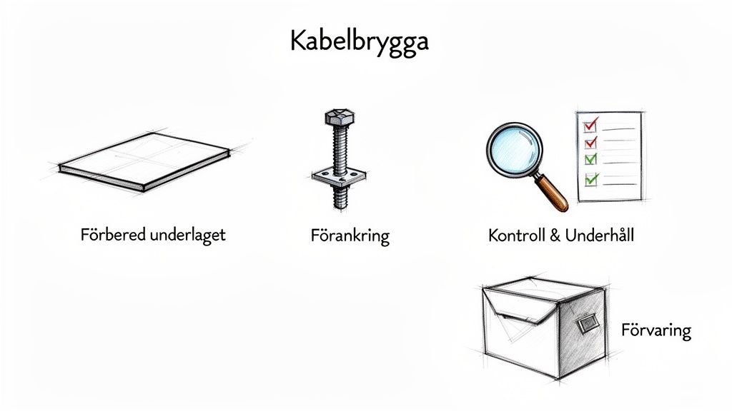Fyra illustrationer som visar steg för en kabelbrygga: förberedelser, förankring, kontroll och förvaring.