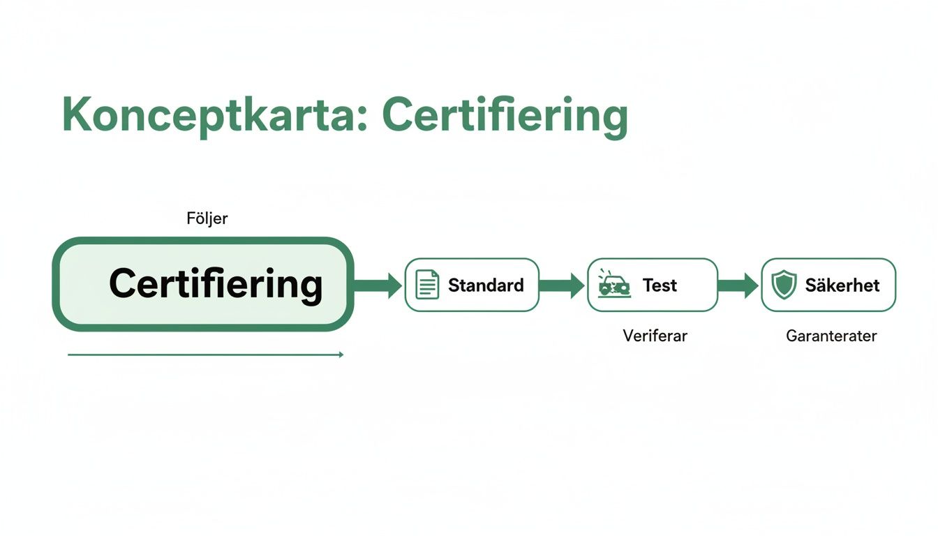 Konceptkarta som illustrerar certifieringsprocessen: Följer standard, testar och garanterar säkerhet.