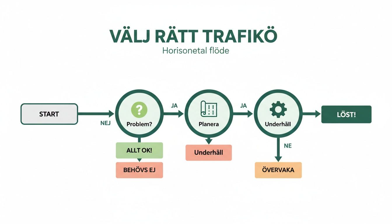 Flödesschema som illustrerar processen för att välja rätt trafiklösning, från start till löst, med beslut och åtgärder.