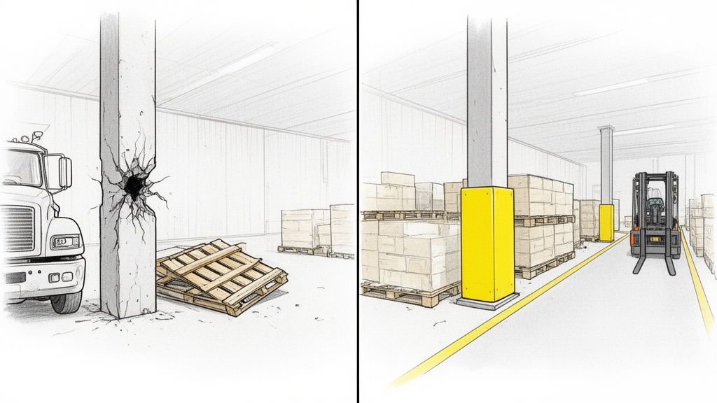 Före och efter bild av lagerpelare: en skadad pelare, och en skyddad med gula pelarskydd.