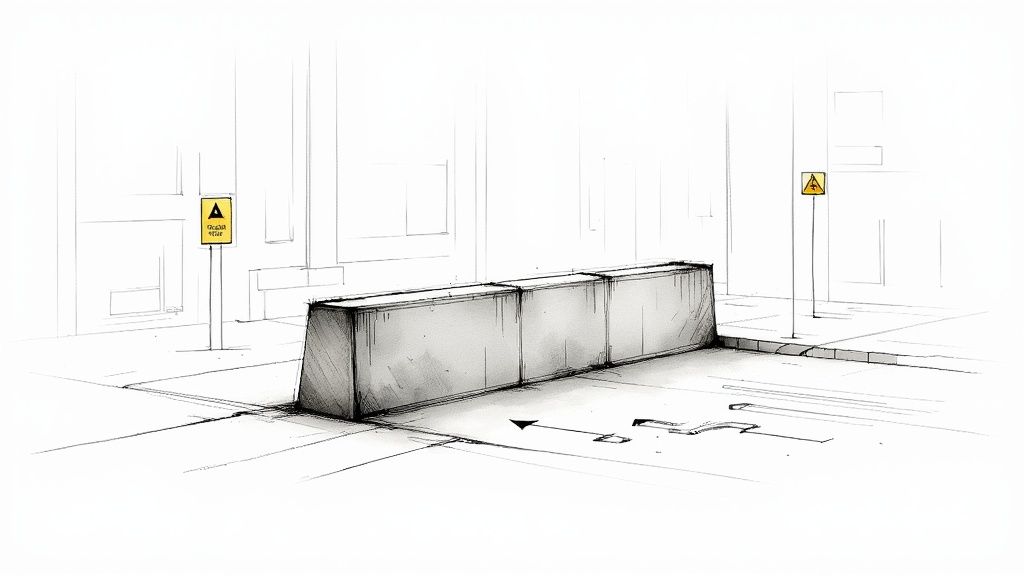 En skiss av en stadsgata med tre grå betongsuggor och två gula varningsskyltar.