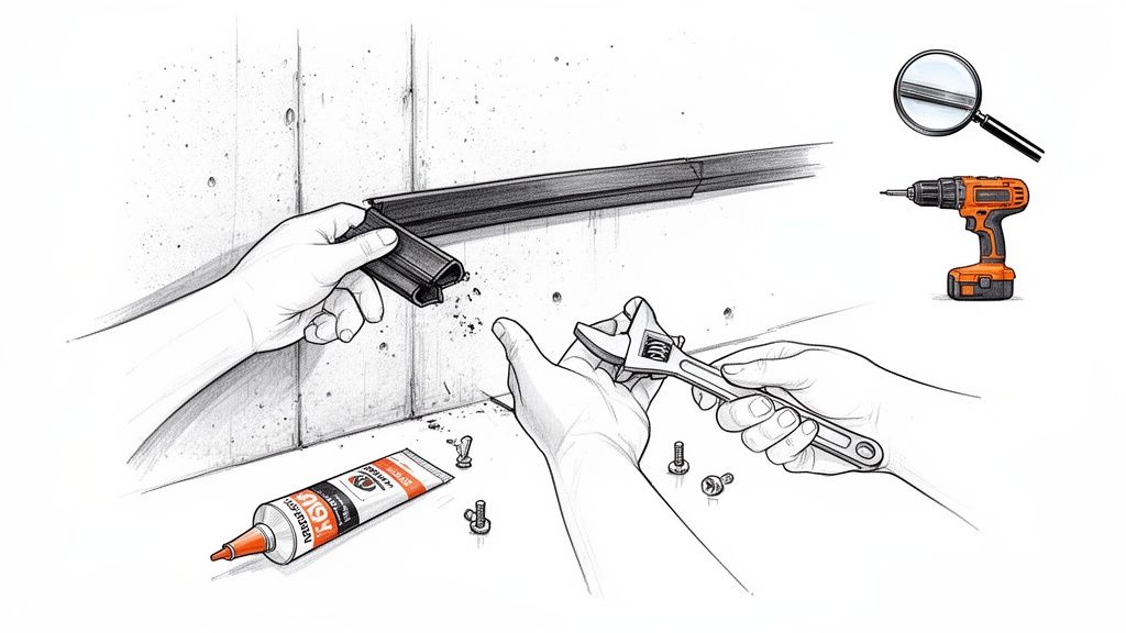 En illustration som visar händer som monterar ett påkörningsskydd av gummi på en vägg, med verktyg som borr och skiftnyckel.