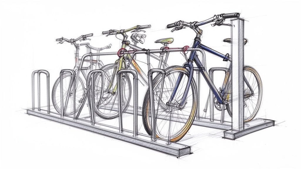 Detaljerad skiss av ett cykelställ i metall med fem parkerade cyklar i olika färger.