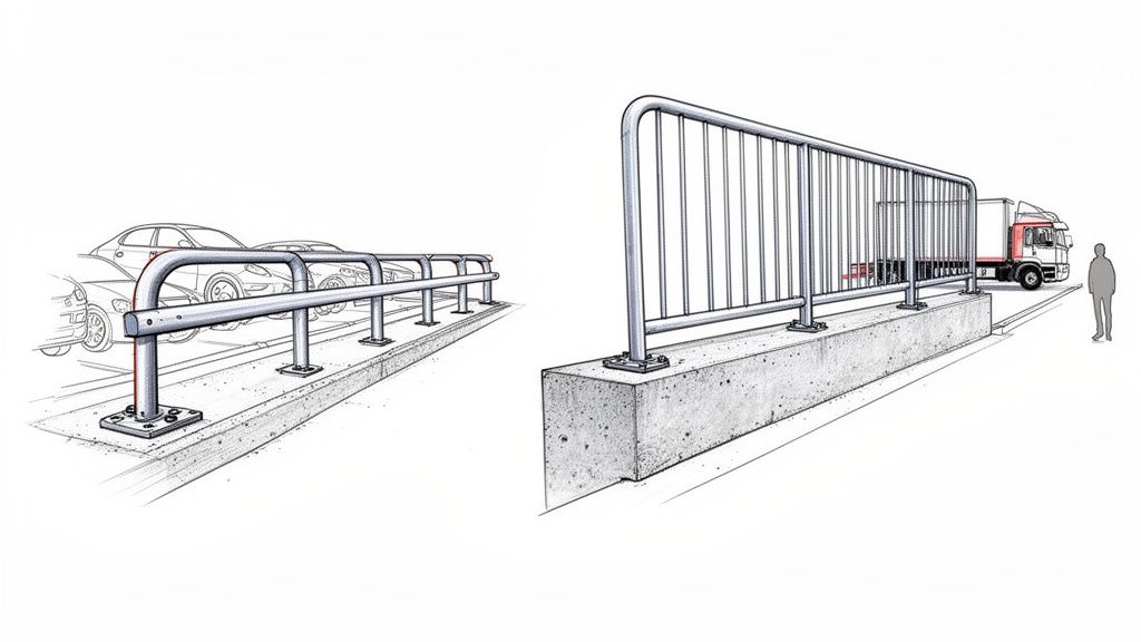 Två illustrationer av räcken: ett lågt bågräcke vid parkering och ett högre skyddsräcke mot väg.