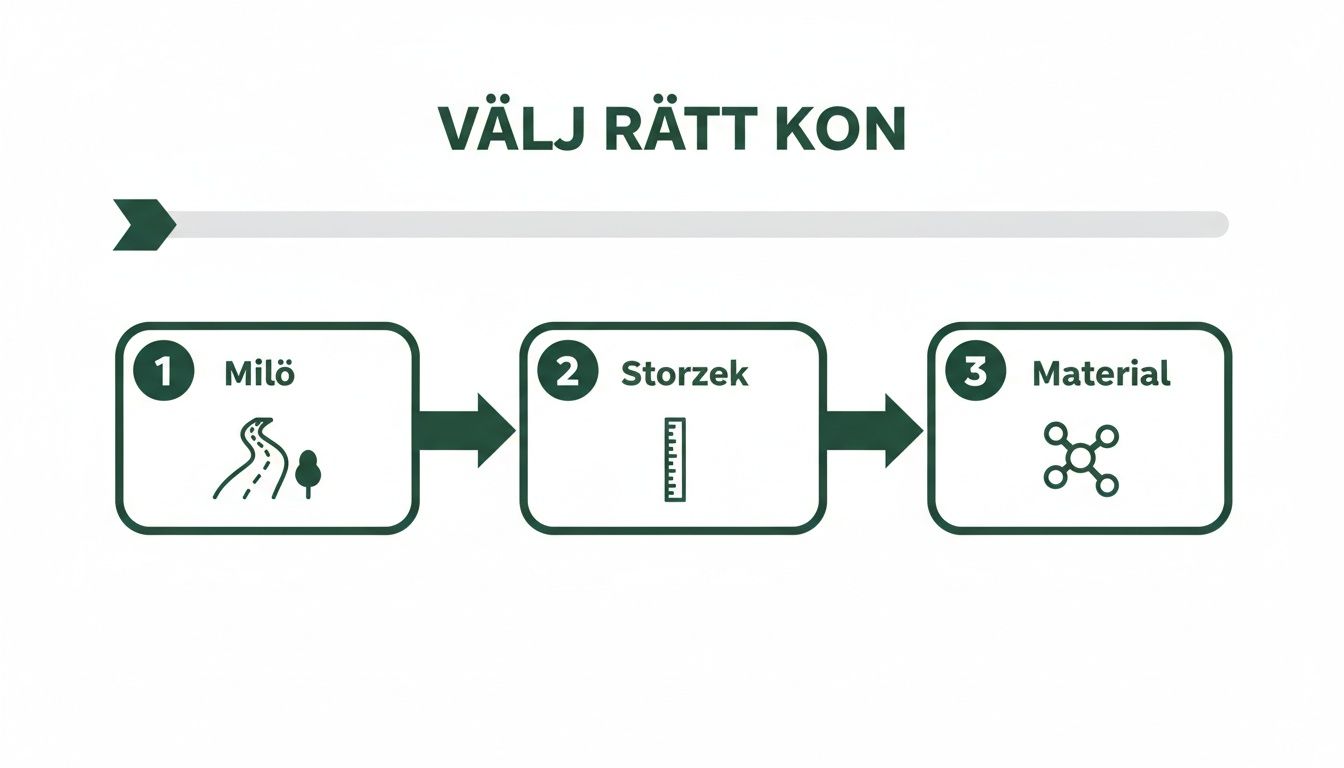 En illustration som visar tre steg för att välja rätt kon: Miljö, Storlek och Material, med pilar.