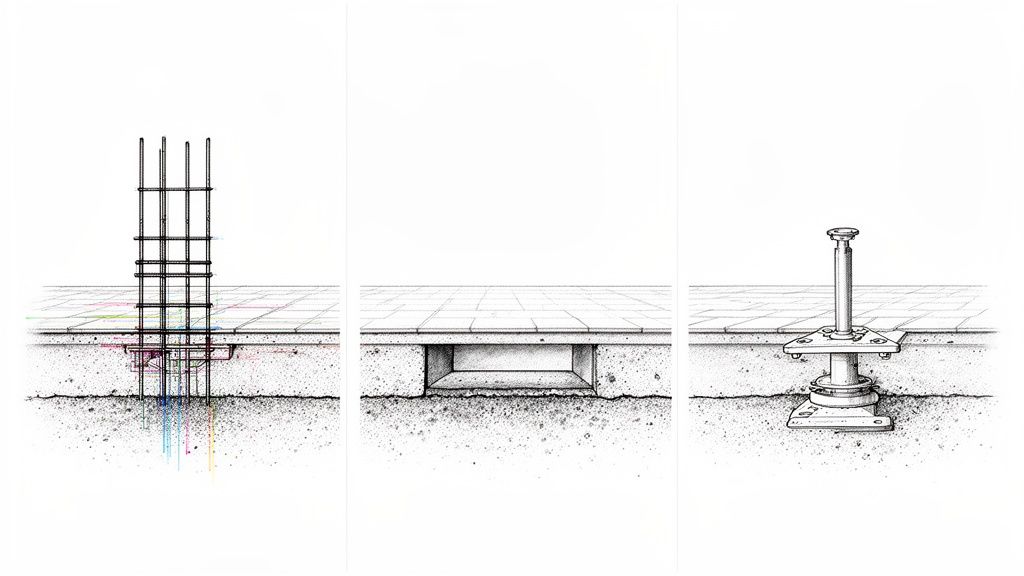 Detaljerade ritningar av armering, försänkt kanal och montering av påkörningsskyddspollare i fundament.