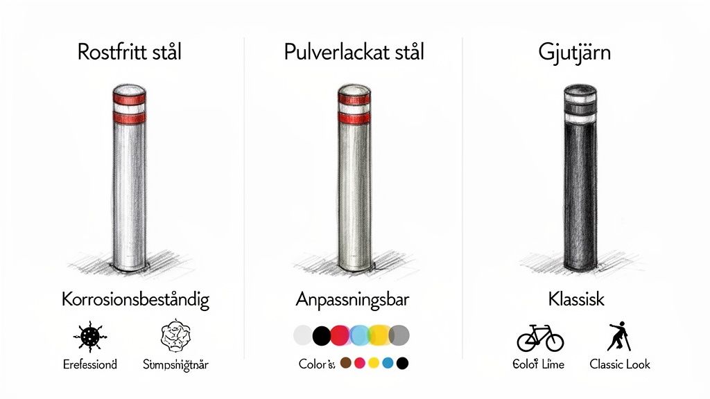 Bilden visar tre pollare i rostfritt stål, pulverlackat stål och gjutjärn, med deras egenskaper och färgalternativ.
