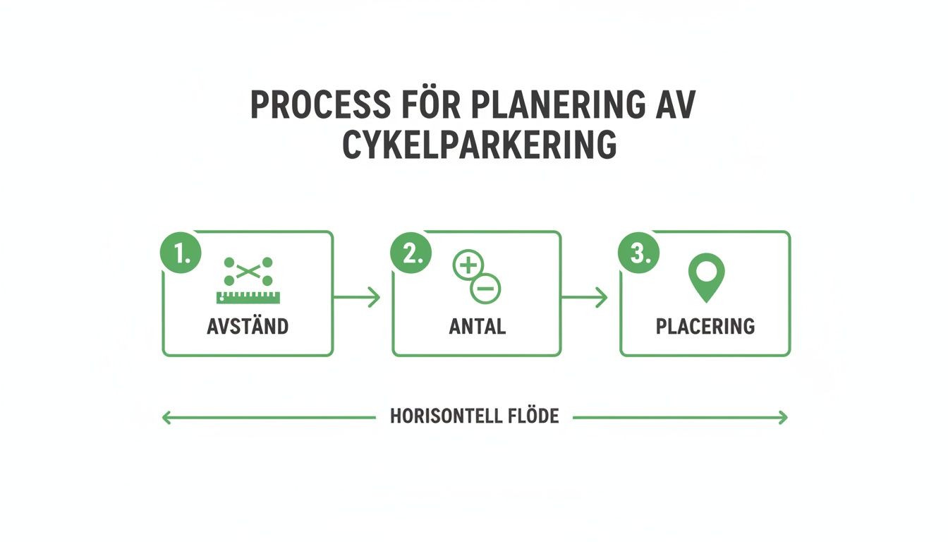 En grafisk illustration som visar processen för planering av cykelparkering i tre horisontella steg: avstånd, antal och placering.