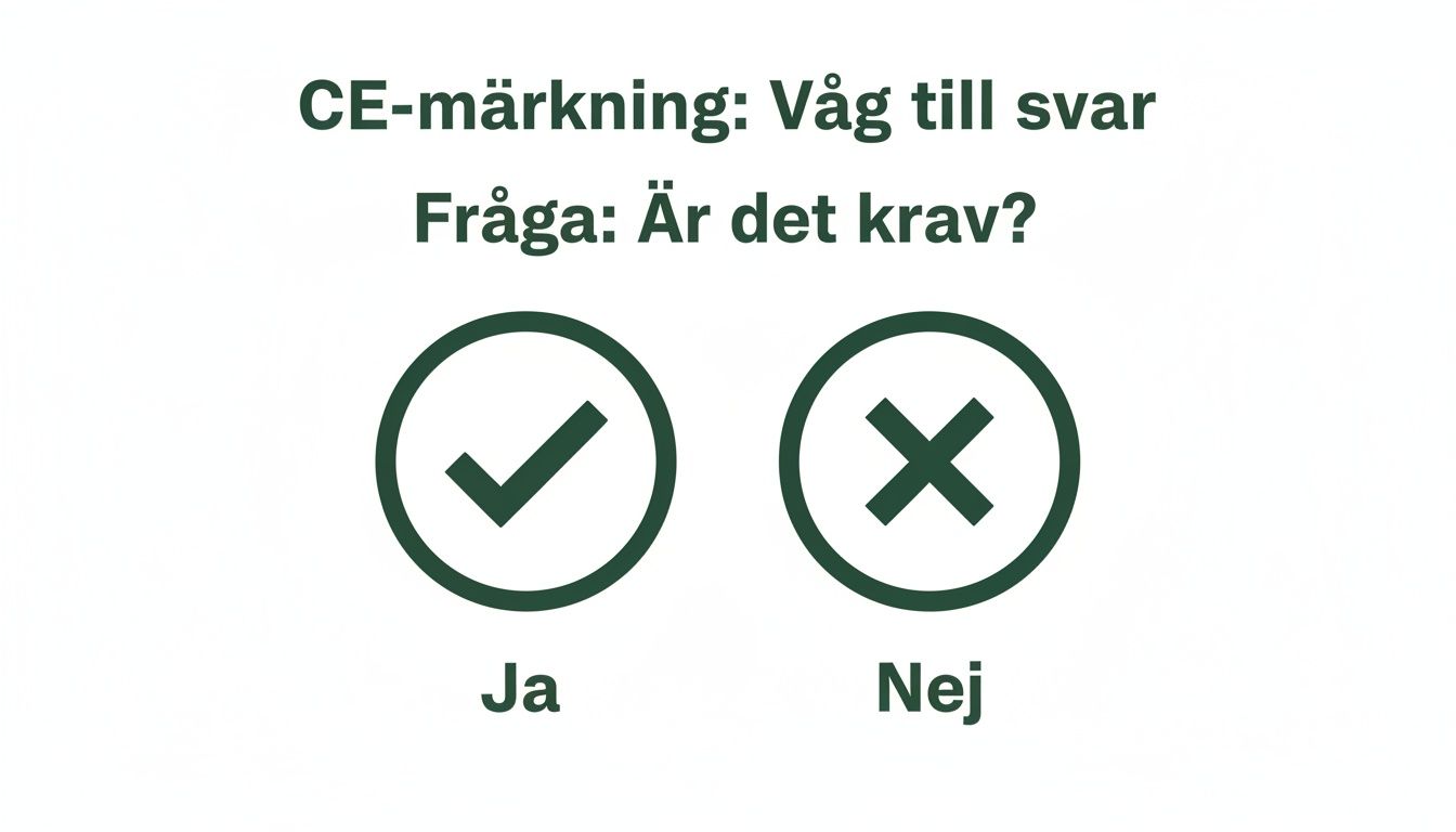 Bild med frågan 'Är CE-märkning ett krav?' och svarsalternativen 'Ja' (bock) och 'Nej' (kryss).