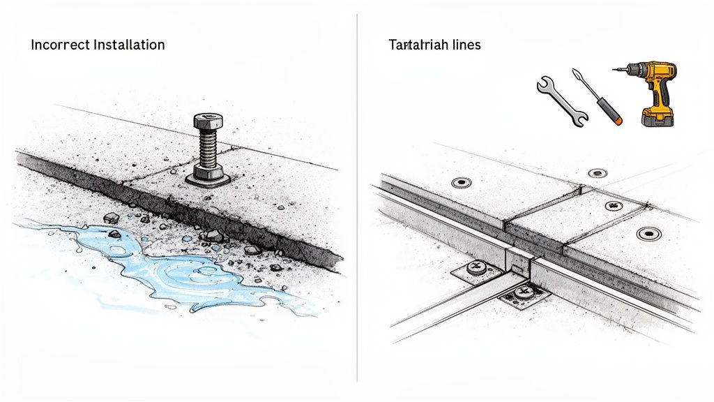 Illustrerar felaktig installation med en lös bult och vattenläckage mot korrekt montering av betongplattor med verktyg.