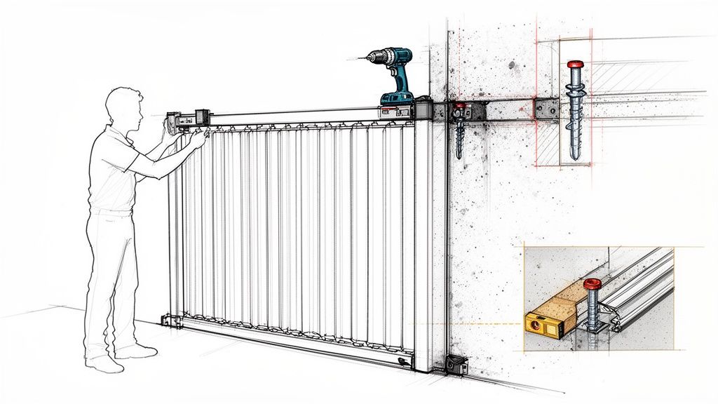 En person installerar en dragspelsgrind på en vägg med en borrmaskin, detaljerad monteringsinstruktion.