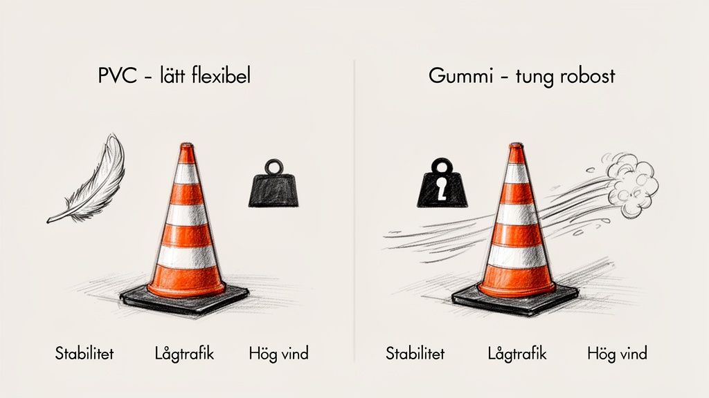 Bild som jämför PVC- och gummikoner för trafik. Visar deras flexibilitet och stabilitet i vind.