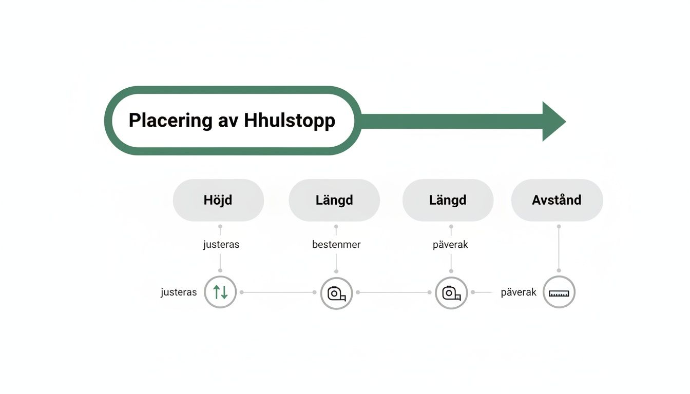 Diagram som illustrerar placeringen av hjulstopp och hur höjd, längd och avstånd justeras och påverkas.