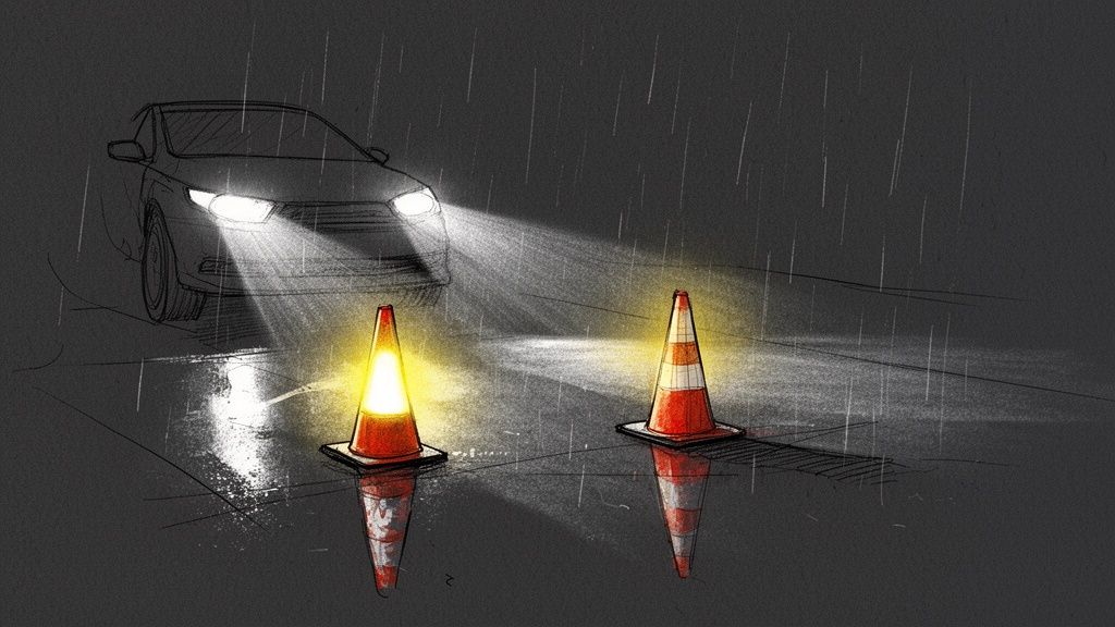 A car driving in the rain at night, its headlights illuminating two traffic cones on the road.