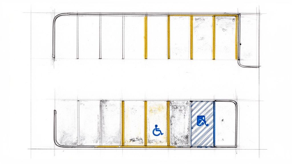 Planritning över en parkeringsplats med markerade handikapplatser och tillgänglighetsområde för rullstolar.