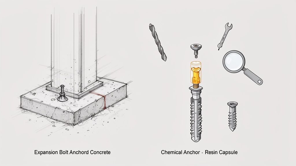 Illustration som visar två metoder för förankring i betong: expansionsbult för pelare och en kemisk ankarinfästning med hartskapsel.