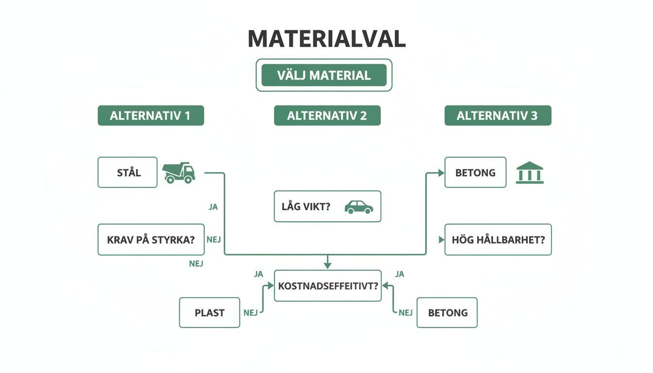 Flödesschema för materialval med alternativ för stål, betong och plast baserat på egenskaper och kostnad.
