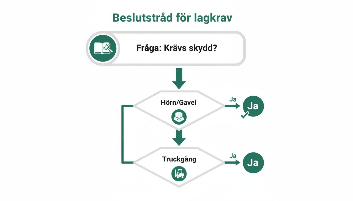 Flussdiagramm zu gesetzlichen Anforderungen, das den Schutzbedarf an Ecken/Regalstirnseiten und Staplergängen bewertet.