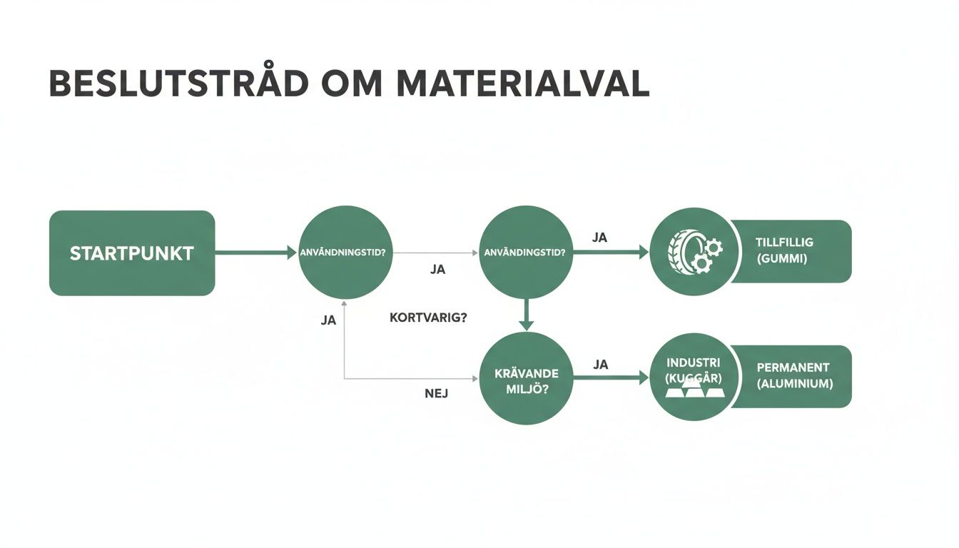 Flödesschema för materialval baserat på användningstid och miljökrav, med rekommendationer för gummi eller aluminium.