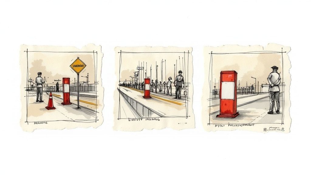 Tre akvarellskisser föreställande säkerhetspersonal och röda avspärrningar vid kontrollpunkter.