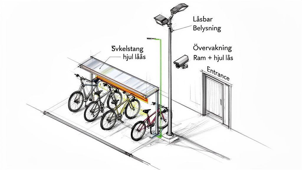 Bilden visar ett cykeltak med cykelställ, övervakningskameror och låsbar belysning för säker cykelparkering.