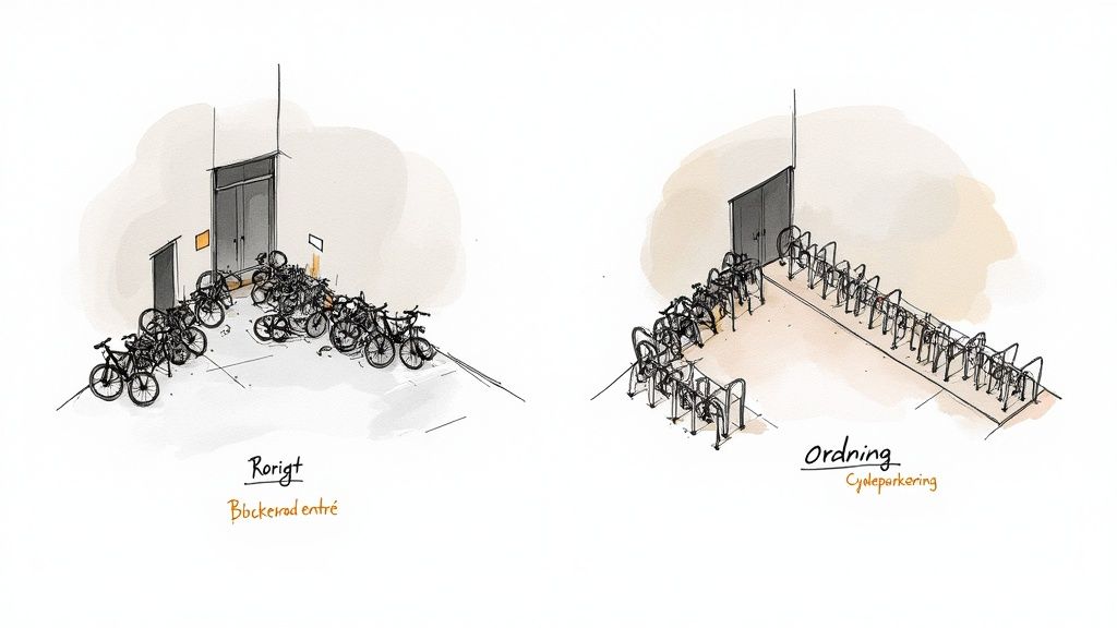 Jämförelse av cykelparkering: rörigt utan ställ blockerar entré vs. organiserat med cykelställ.