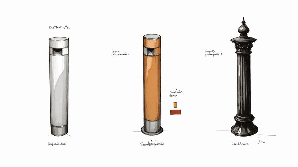 Ritning av tre olika pollare: en modern i rostfritt stål, en i polykarbonat och en klassisk i gjutjärn.