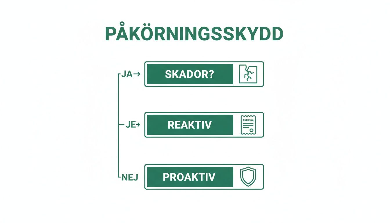 Flödesschema som visar påkörningsskydd: reaktiva åtgärder vid skador och proaktiva lösningar för att undvika dem.