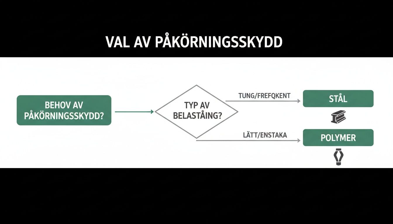 Ett flödesschema som visar hur man väljer påkörningsskydd: stål för tung/frekvent belastning, polymer för lätt/enstaka.