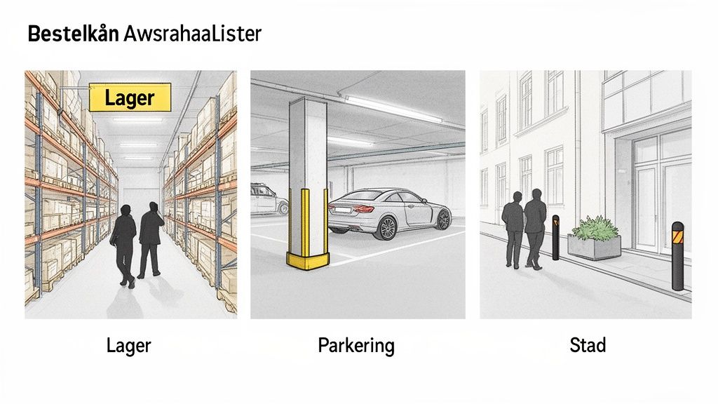 Illustrationer som visar skyddslister och avspärrningar i olika miljöer: lager, parkering och stad.