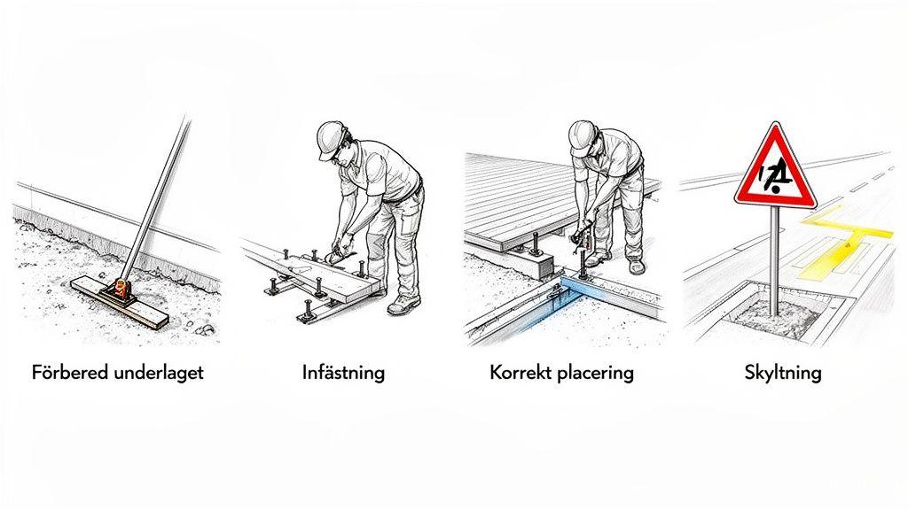 Fyra steg för installation av en vägfunktion, från underlagsförberedelse till skyltning.