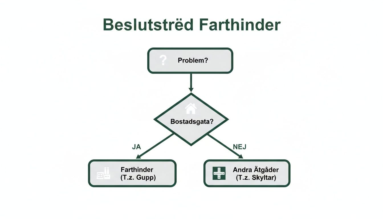 Ett beslutsträd för farthinder som guidar om att använda farthinder eller andra åtgärder baserat på om det är en bostadsgata.