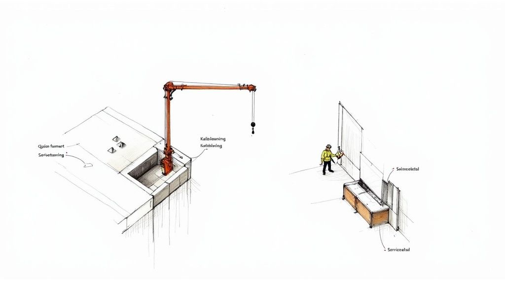 Konstruktionsritning med en byggkran på ett tak och en arbetare som installerar inredning.