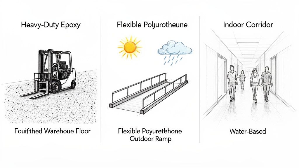 Bilder som visar tre olika golvapplikationer: tung epoxi för lager, flexibel polyuretan för utomhusramper och vattenbaserat för inomhuskorridorer.