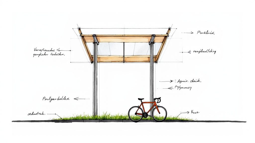 Skiss av ett cykelställ med tak, utrustat med en cykel och grönska.