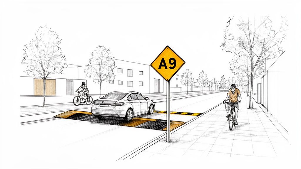 En tecknad illustration av en stadsmiljö med en bil som passerar ett farthinder och två cyklister.