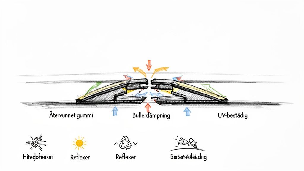 Detaljerad skiss av farthinder i återvunnet gummi med fokus på bullerdämpning, UV-beständighet och reflexer.