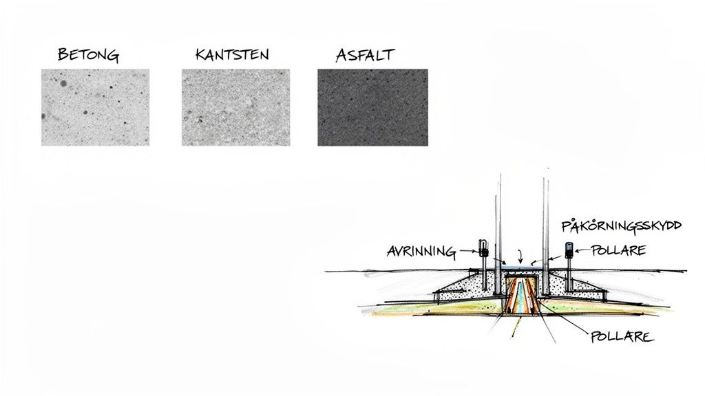 Detaljerad ritning av en trafikö med materialprover för betong, kantsten och asfalt, samt pollare och avrinning.