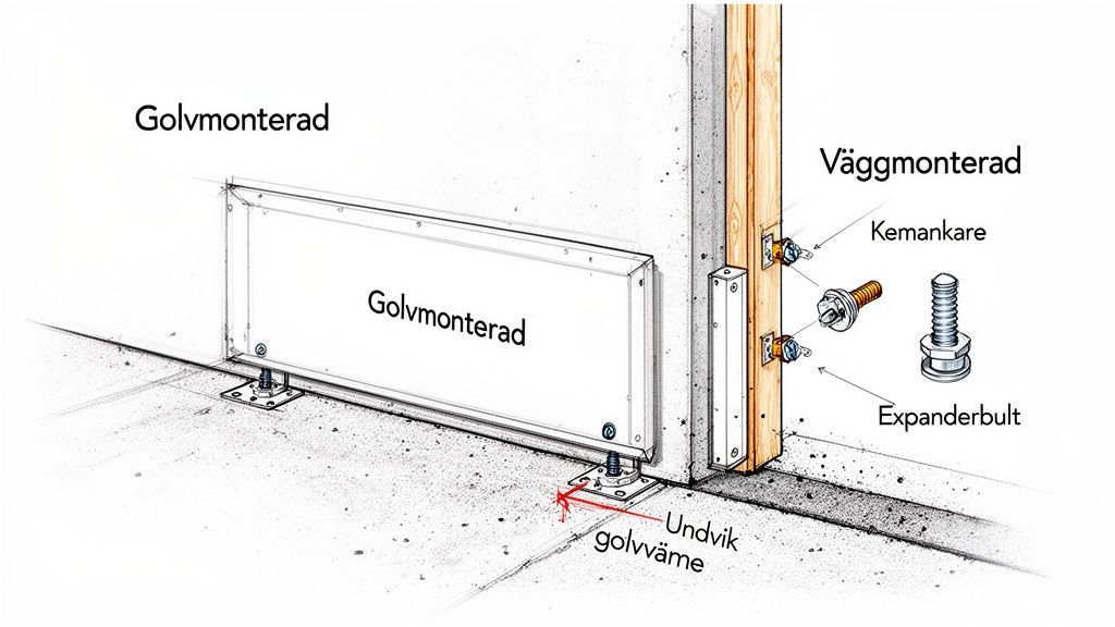 Detaljerad illustration av golvmonterad och väggmonterad påkörningsskydd, inklusive fästanvisningar och varning för golvvärme.