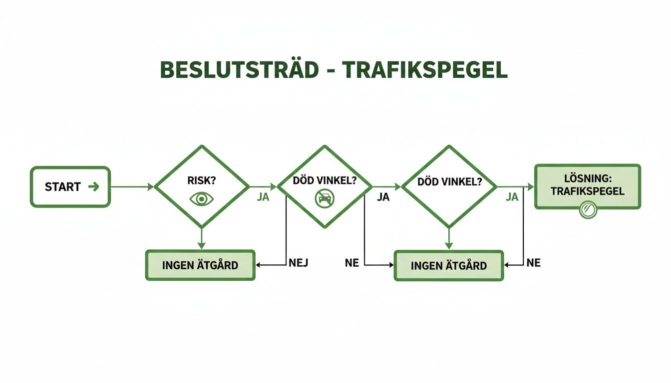 Flödesschema som visar ett beslutsträd för trafikspeglar, med frågor om risk och döda vinklar för att avgöra åtgärd.