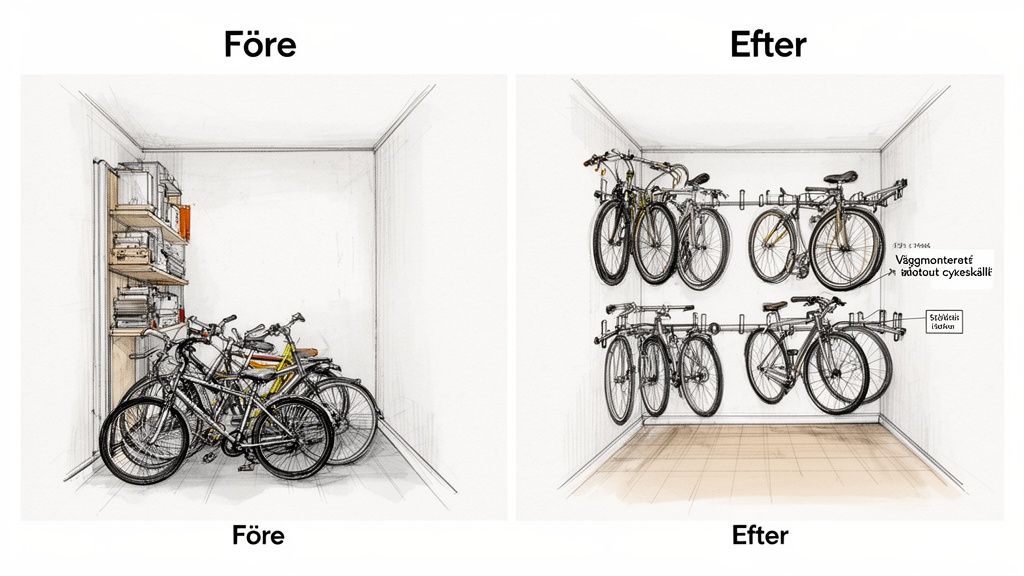 Före- och efterbild som visar smart cykelförvaring. Före: cyklar på golvet. Efter: cyklar på vägghängda ställ.