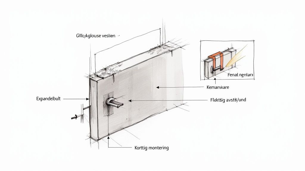 Teknisk ritning som visar detaljerad montering av en konstruktionsdel i en vägg med expanderbult, distans och ankare.