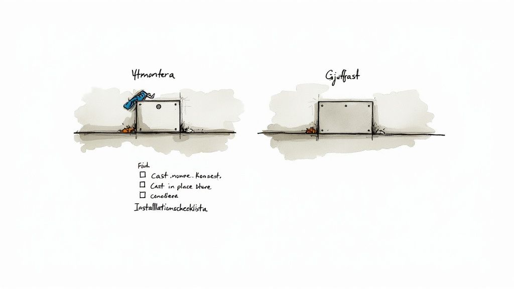 Tecknad illustration som visar två installationsmetoder, Ytmontera och Gjutfräst, samt en installationschecklista.