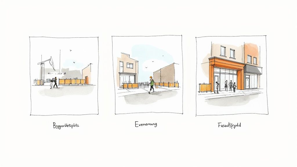 Tre illustrationer visar användning av orange barriärer vid byggarbetsplats, evenemang och fasadskydd i stadsmiljö.