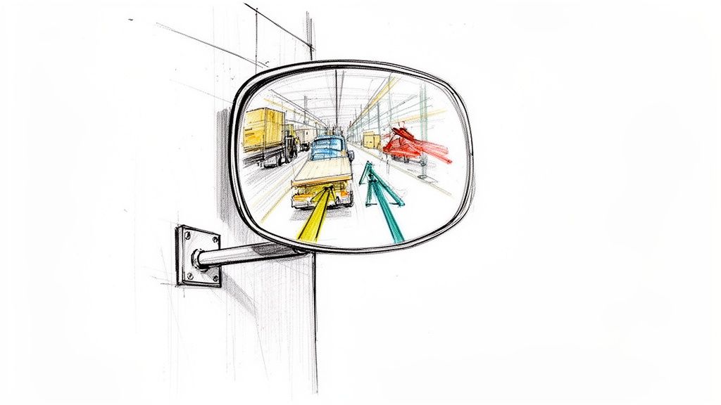 Skiss som visar en säkerhetsspegel fäst på en vägg, reflekterande en trafikerad lagerkorridor med fordon.