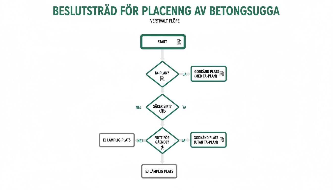 Beslutsträd för placering av betongsugga med steg för TA-plan, säker sikt och gångtrafik.