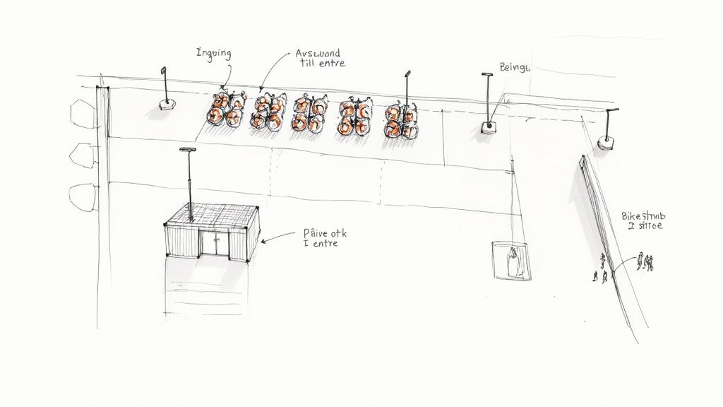 Skiss över cykelparkering med takförsedda cykelställ, en entrébyggnad och en ramp med människor.