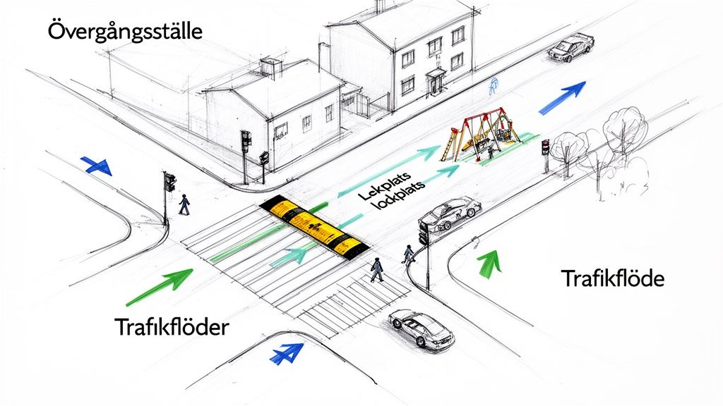 Detaljerad illustration av en stadsmiljö med korsning, övergångsställe, farthinder och lekplats, med pilar som visar trafikflöden.