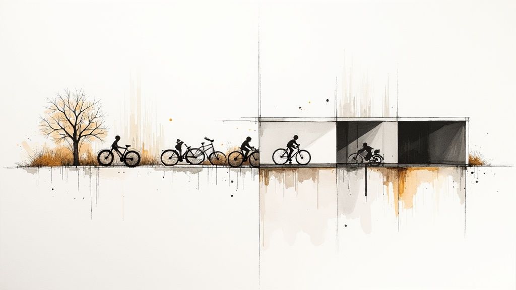 Minimalistisk akvarellbild av cyklister som färdas från ett trädbevuxet landskap till en arkitektonisk byggnad.