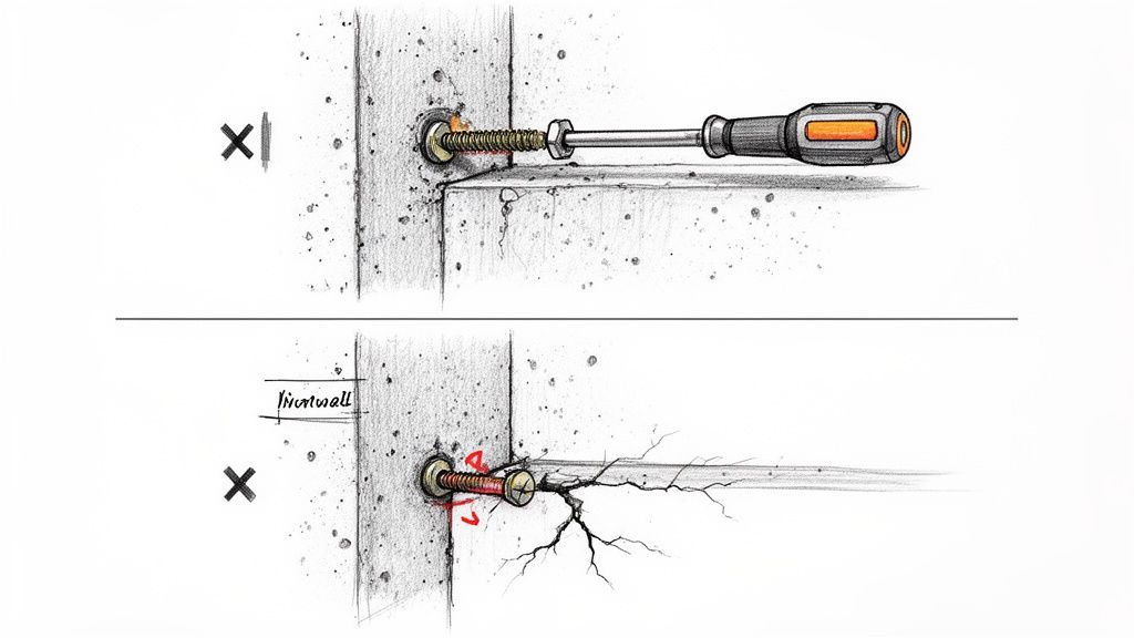 Illustration som visar korrekt och felaktig skruvmontering i betong, där felaktig metod orsakar sprickor i väggen.